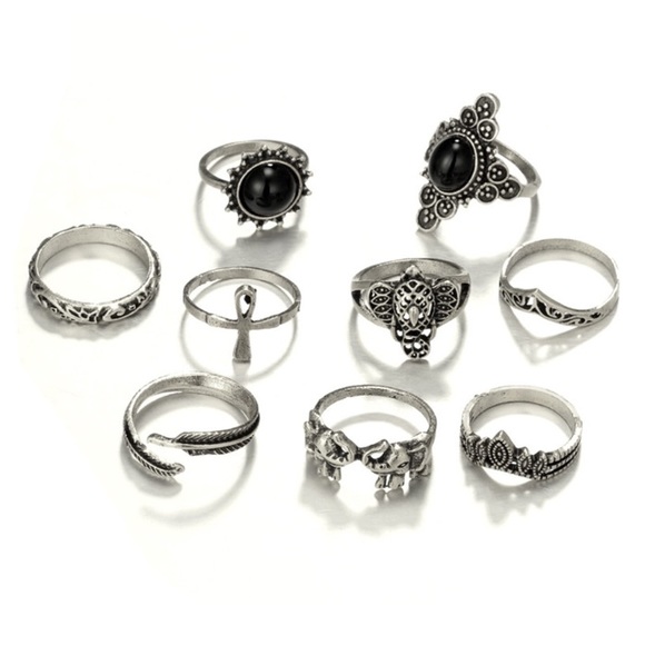 9 Pc Trendy Boho Silver and Black Elephant Feather Stackable Ring Set - Picture 2 of 2